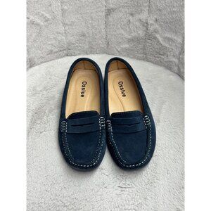 Navy Blue Osslue Suede Loafers With Contrast Stitching